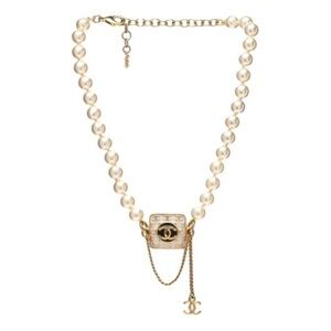 CHANEL Cream Pearl Necklace with Gold CC Square and Tassel